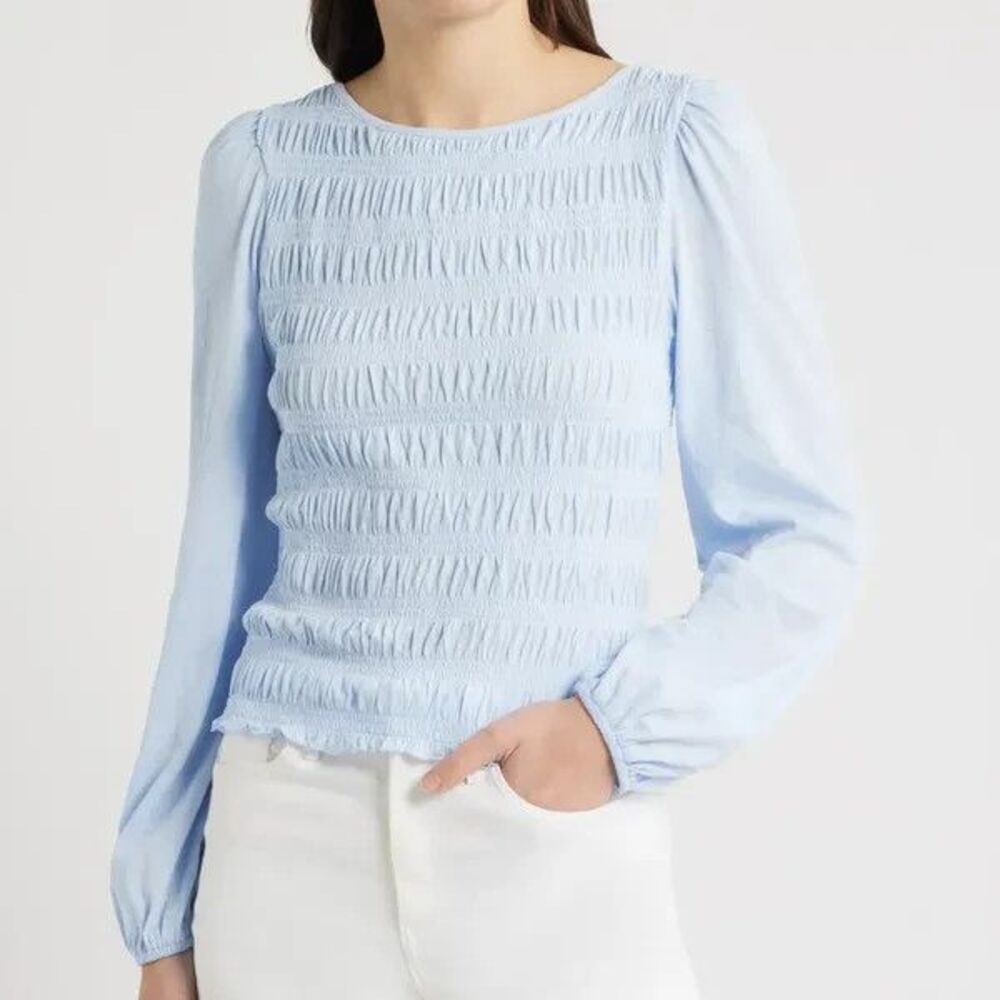 Madewell Medium Smocked Boat Neck Long Balloon Sleeve Cotton Top Light Blue NWOT